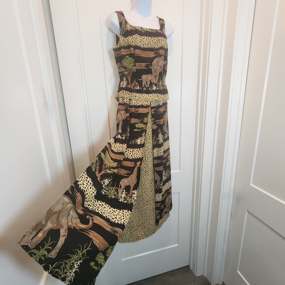 Vintage 90s Safari Maxi Dress S 6 Elephant Leopard Giraffe Mob Layered Phoebe - Picture 4 of 16